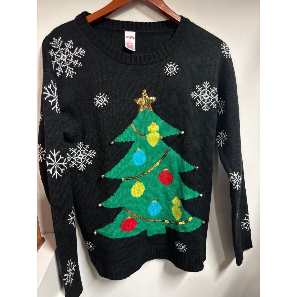 Christmas Sweater Womens M 8-10 Tree Sequin Snowflake Sweater Black Knit